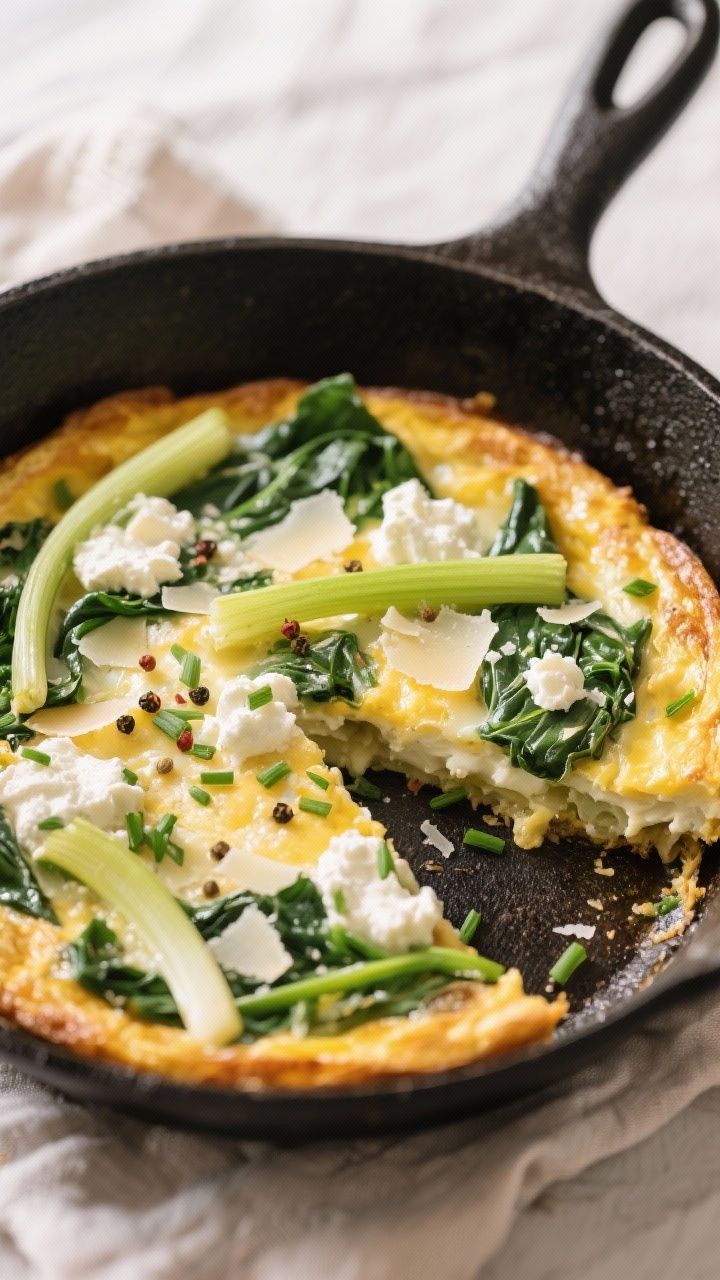 Overhead skillet shot of Spring Veggie Frittata with Ricotta and Greens: a bronzed, puffed frittata set in a black oven-safe pan, showing ribbons of sautéed leek, wilted baby spinach, dollops of whole-milk ricotta, and grated Parmesan speckling the custardy egg base enriched with milk; slice slightly pulled out to reveal creamy interior; scattered chives and pepper; warm morning light on linen.