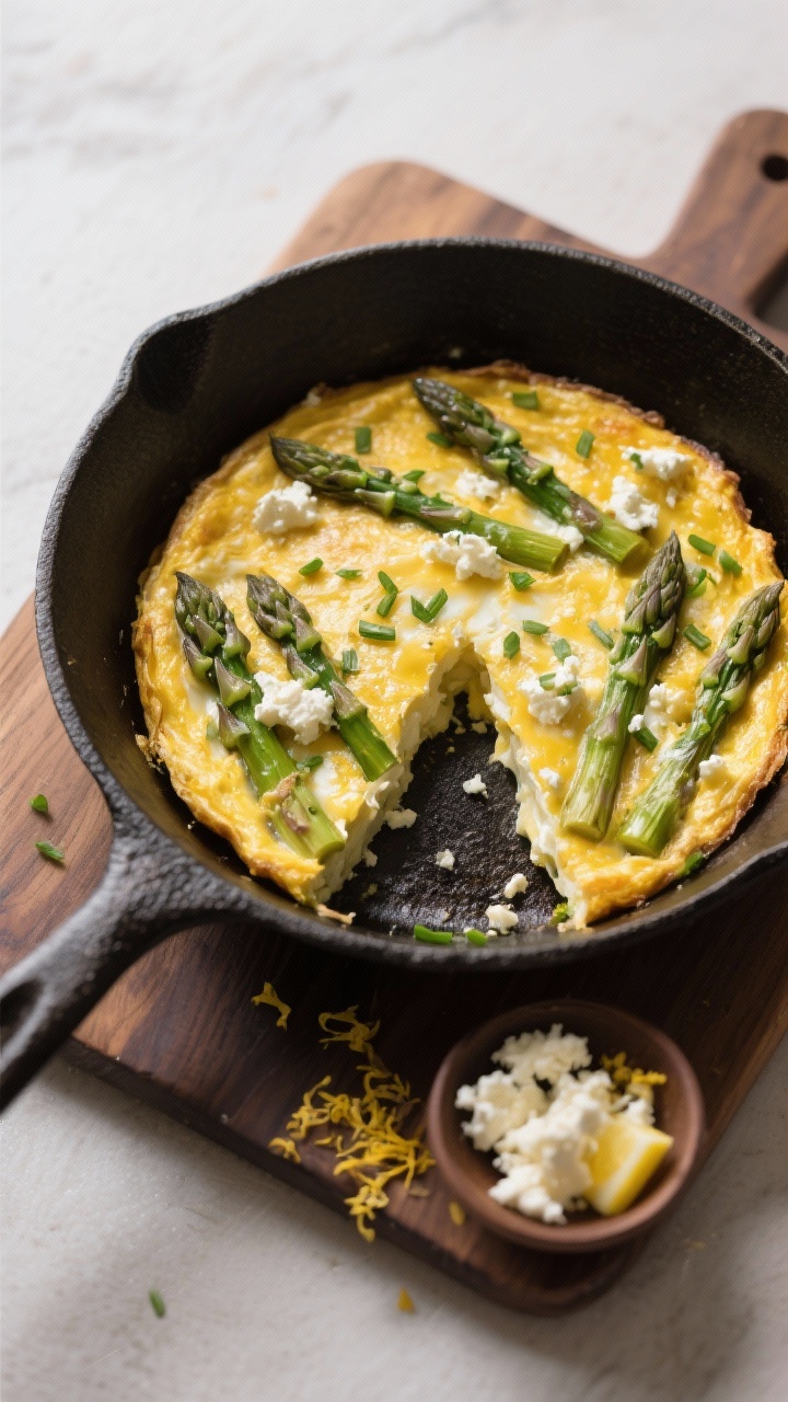 Overhead slice-and-pan scene of asparagus and goat cheese frittata: golden, puffed egg with visible asparagus tips, creamy pockets of goat cheese, and chives; one wedge cut and slightly pulled out to show custardy interior; cast-iron skillet on a wooden board, with a small bowl of crumbled goat cheese and lemon zest nearby.