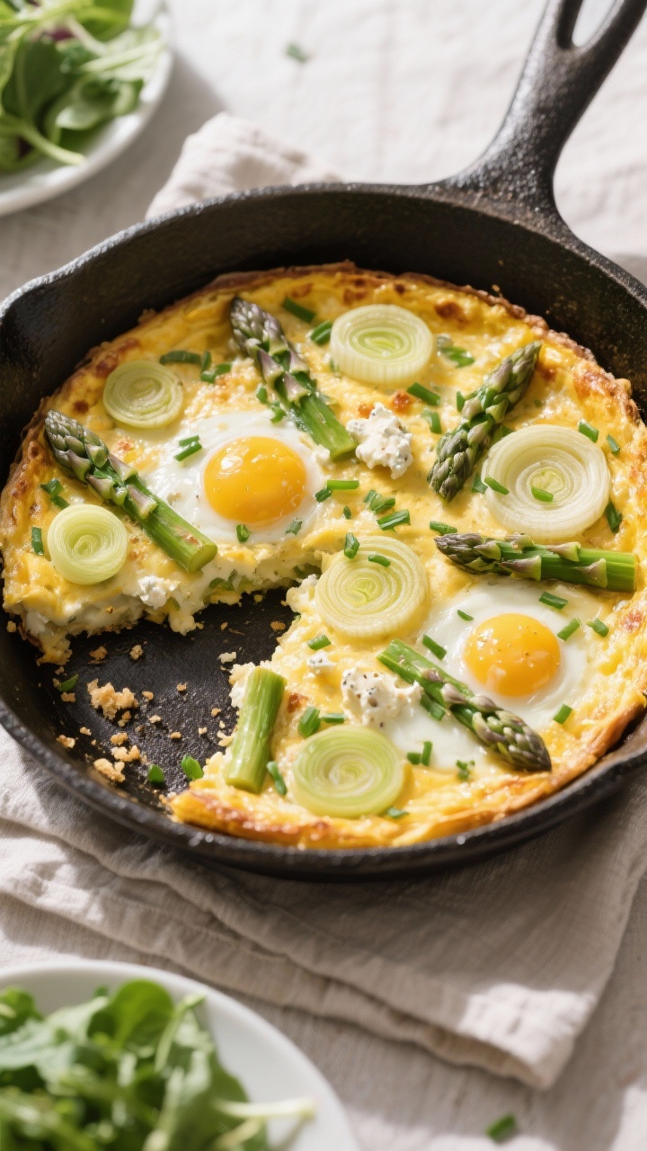 Overhead slice-and-serve frittata: spring veggie frittata studded with soft leeks, asparagus coins and spears, and creamy pockets of goat cheese; golden top with slight blistering, sprinkled with chives; one wedge pulled out with crumbs and egg curds visible, a small side of mixed greens; cast-iron skillet on linen, bright morning light.
