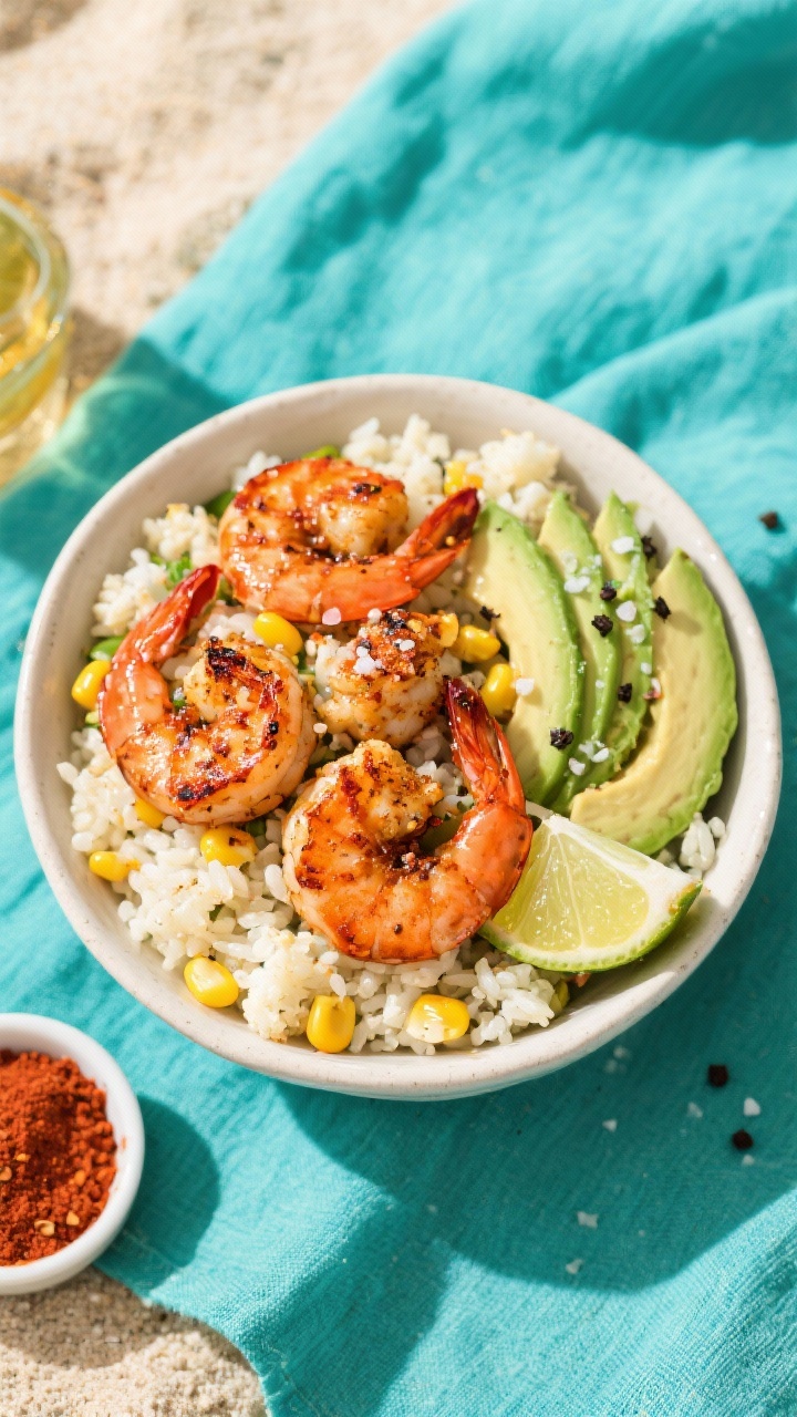 Overhead smoky shrimp and cauliflower rice bowl: paprika-chili rubbed shrimp with light char arranged over fluffy cauliflower rice studded with sweet corn kernels, avocado slices fanned on the side, sprinkle of kosher salt and black pepper. Lime wedges and a small dish of chili powder nearby; vibrant, beachy feel with turquoise linen.