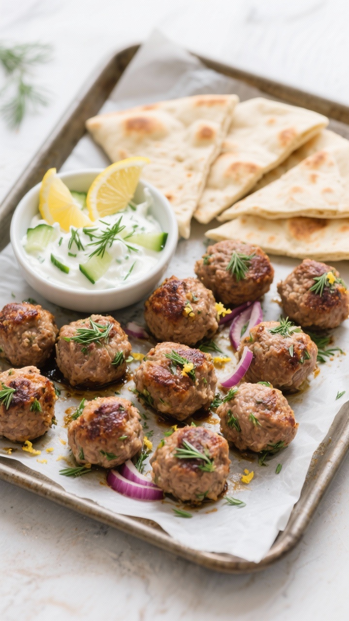 Overhead tray of herby Greek turkey meatballs just out of the oven: browned, tender meatballs speckled with dill, oregano, red onion, and lemon zest. Served with a small bowl of cucumber yogurt (grated cucumber, Greek yogurt, dill), lemon wedges, and warm pita triangles on a parchment-lined sheet, fresh, airy styling.