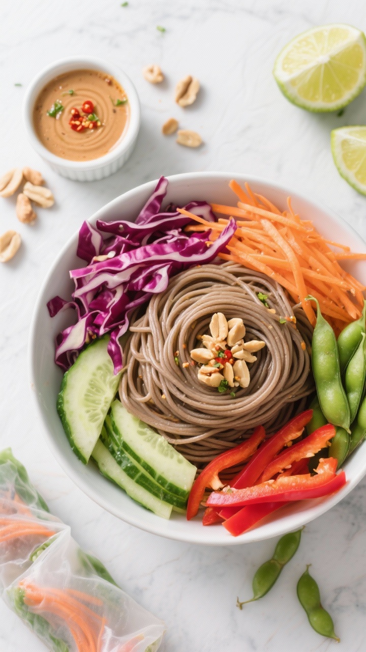 Overhead vibrant soba noodle spring roll bowl: cool buckwheat soba nest with rows of shredded red cabbage, shredded carrots, julienned cucumber, thin red bell pepper strips, and bright green edamame; a ramekin of spicy peanut-lime sauce with chili flakes and lime zest swirl; chopped peanuts and lime wedges sprinkled around; clean, colorful, and crisp.