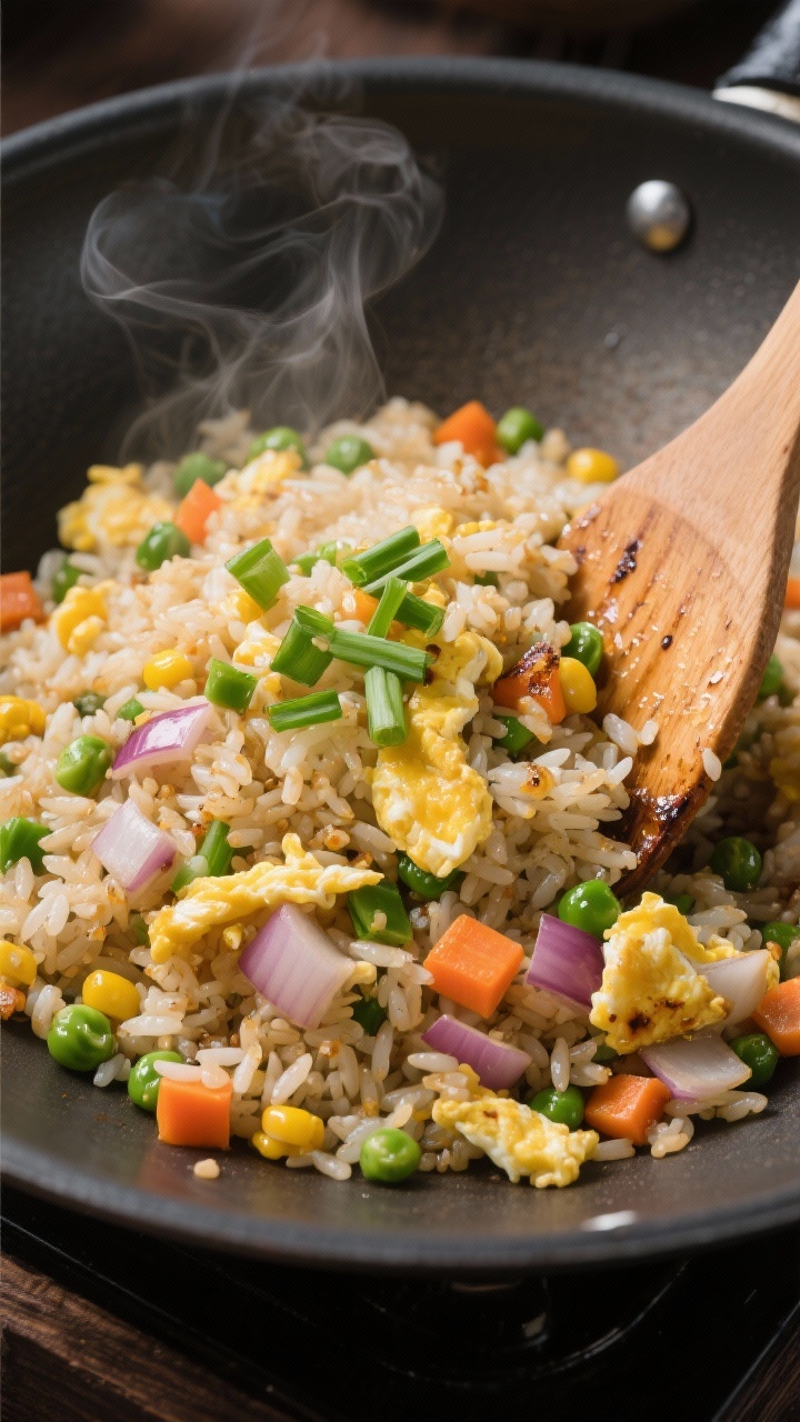 Overhead wok shot: veggie fried rice with distinct grains of day-old rice, scrambled egg ribbons, diced onion, mixed veggies (peas, carrots, corn) seared with light char, soy-sheen and steam wisps visible, a spatula pushing a mound to one side, scallions sprinkled over for freshness, neutral oil gloss.