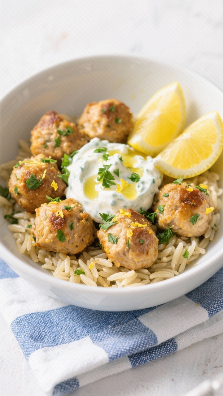 Plated Greek Lemon Chicken Meatball Bowl at straight-on angle: golden chicken meatballs flecked with parsley, oregano, and lemon zest served over glossy orzo, with a generous dollop of tzatziki, lemon wedges, and a sprinkle of fresh parsley. Olive oil drizzle catches the light; cool Mediterranean palette with blue-and-white napkin; crisp, clean styling.