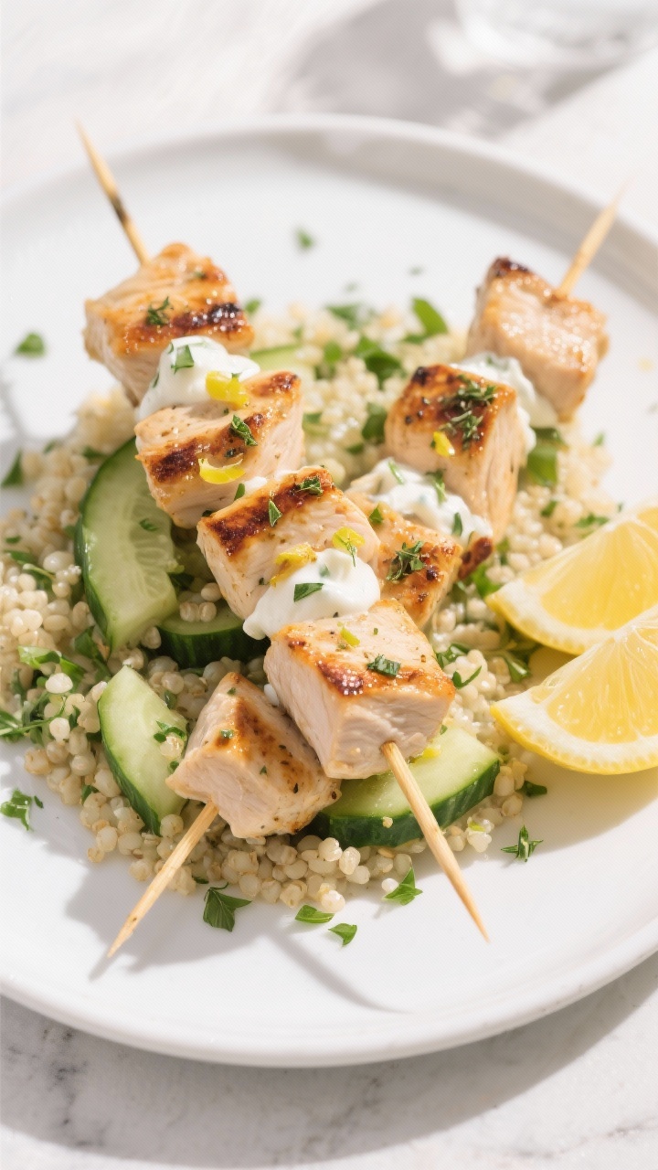 Plated Greek Yogurt Chicken Skewers at 45 degrees: char-kissed chicken cubes marinated in Greek yogurt, lemon juice and zest, garlic, and dried oregano, threaded on skewers and served over herby cucumber quinoa; flecks of chopped herbs visible, extra lemon wedges on the side; light, sunlit Mediterranean vibe on a white ceramic plate.