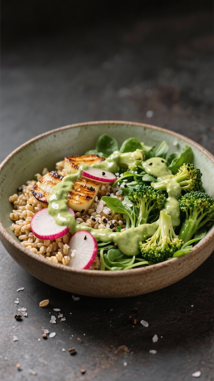 Plated green goddess grain bowl at 45 degrees: farro or quinoa base topped with roasted radishes (blushed and caramelized), broccolini florets, mixed spring greens, creamy green goddess dressing drizzled over. Sprinkle of black pepper and flaky salt, olive oil sheen, earthy ceramics for a wholesome vibe.