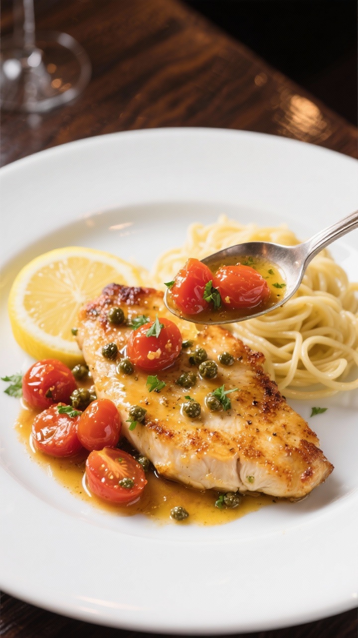 Plated presentation at 45 degrees: chicken piccata cutlets with golden pan-seared crust, glossy lemon-butter caper sauce spooned over, burst cherry tomatoes collapsed into the sauce, flecks of parsley; thin lemon slices tucked in, a modest mound of buttered noodles off to the side to catch the sauce; white plate on a dark wood table for contrast, controlled reflections.