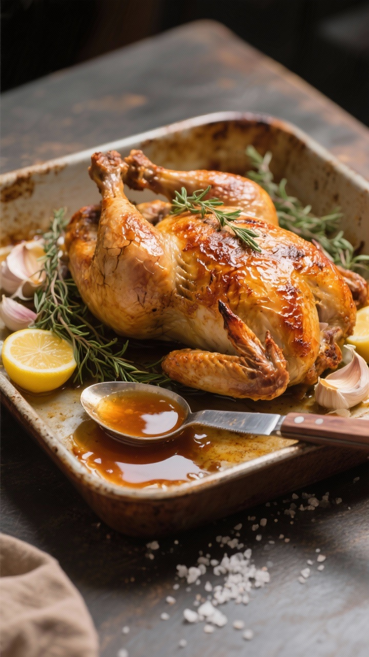 Plated roast at table level: slow-roasted whole chicken with bronzed, crackly skin, thyme sprigs tucked under, lemon halves and smashed garlic visible in the roasting pan; ladle of glossy pan jus pooling beneath; carving knife beside, kosher salt flakes on top; set in a rustic roasting dish with earthy tones, soft directional light to highlight golden skin and herb aroma.
