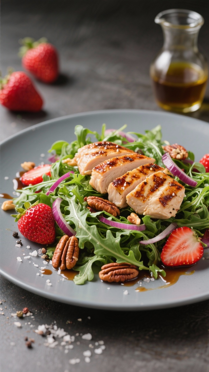 Plated strawberry arugula salad at 45 degrees: peppery arugula piled high with sliced balsamic chicken breast (thin grill marks), ruby strawberries, toasted pecans, and thin shavings of red onion; a balanced drizzle of balsamic-honey-Dijon vinaigrette catching the light; salt and pepper flecks; served on a cool gray plate with a small carafe of dressing and a few whole strawberries in the scene.