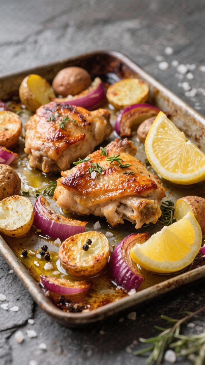 Sheet-pan dinner at 45 degrees: bone-in, skin-on chicken thighs with crackling, rendered skin surrounded by crispy halved baby potatoes and red onion wedges; lemon rounds roasted to caramelized edges scattered throughout; glistening olive oil, kosher salt crystals, black pepper and mixed herbs visible; rustic baking sheet on a stone surface, final squeeze of lemon pooling in pan juices.