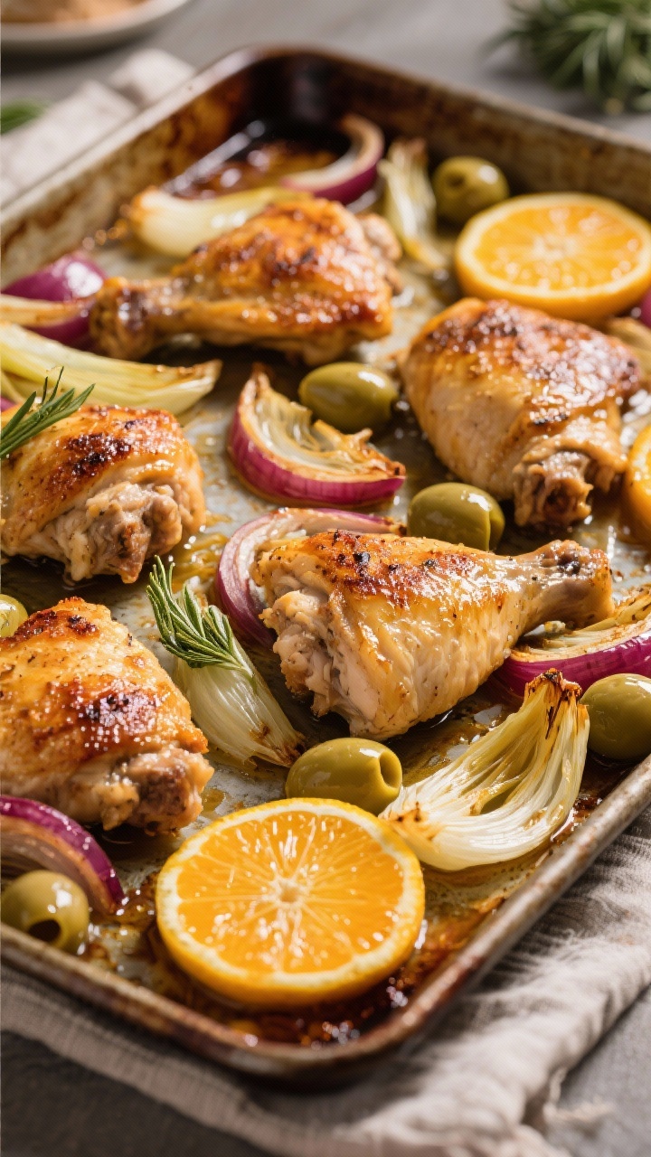Sheet pan overhead of citrus chicken and fennel: golden-browned boneless chicken thighs surrounded by caramelized fennel and red onion, thin rounds of orange and lemon roasted until glossy, dotted with Castelvetrano olives. Pan juices shimmering, rustic pan on linen, Mediterranean warmth.