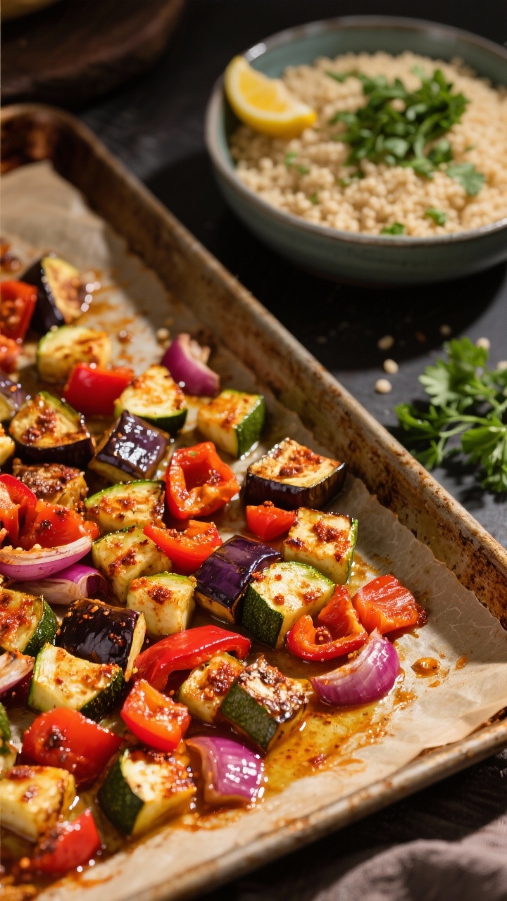 Sheet-pan process shot at 45 degrees: Harissa-roasted vegetables—cubed eggplant, chopped red bell pepper, sliced zucchini, and red onion—tossed in olive oil, harissa paste, salt, and pepper, just out of the oven with caramelized edges. In the background, a bowl of lemon-herb couscous and fresh parsley. Rustic baking tray on parchment, warm contrasty lighting.