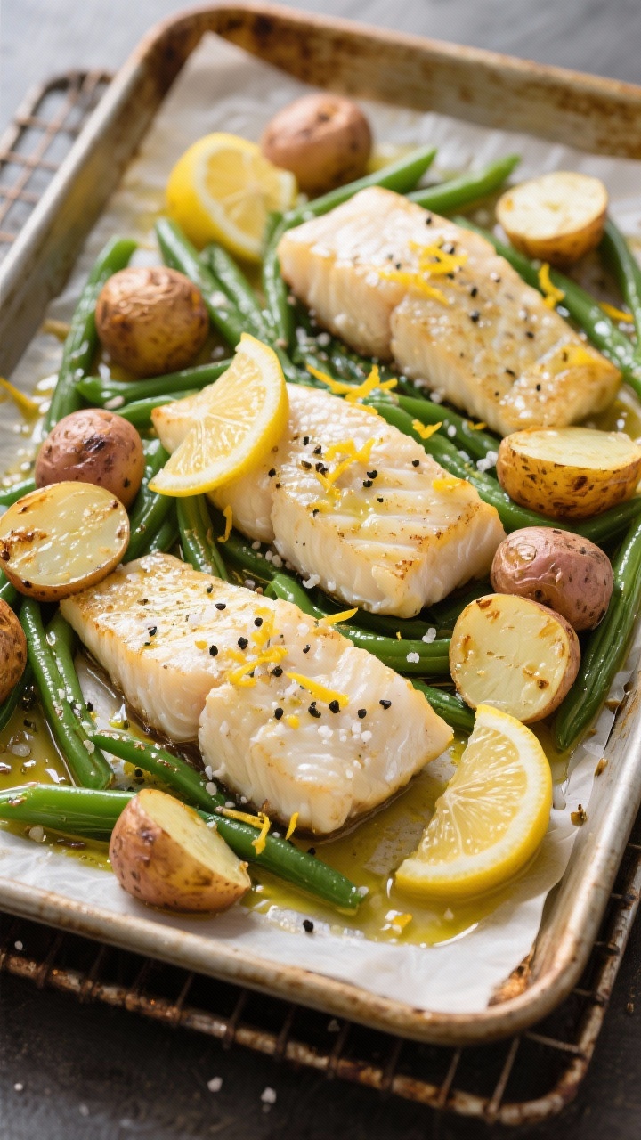 Sheet-pan process shot, straight-on at tray level: lemon Dijon–brushed cod fillets nestled among halved baby potatoes and vibrant green beans; lemon zest and thin lemon slices dot the pan, kosher salt and black pepper visibly sprinkled; edges of potatoes just blistered, olive oil pooling in glints; parchment-lined pan on a rustic baking rack.