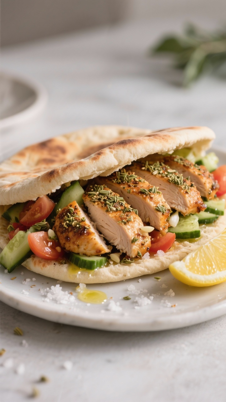 Straight-on assembly shot of crispy za’atar chicken pitas: sliced, browned boneless chicken thighs coated in za’atar, ground coriander, and garlic powder tucked into warm pita; vibrant cucumber-tomato salad spilling out with olive oil sheen; sprinkle of sea salt, lemon wedge on the side; clean Mediterranean palette and sharp focus on textures.