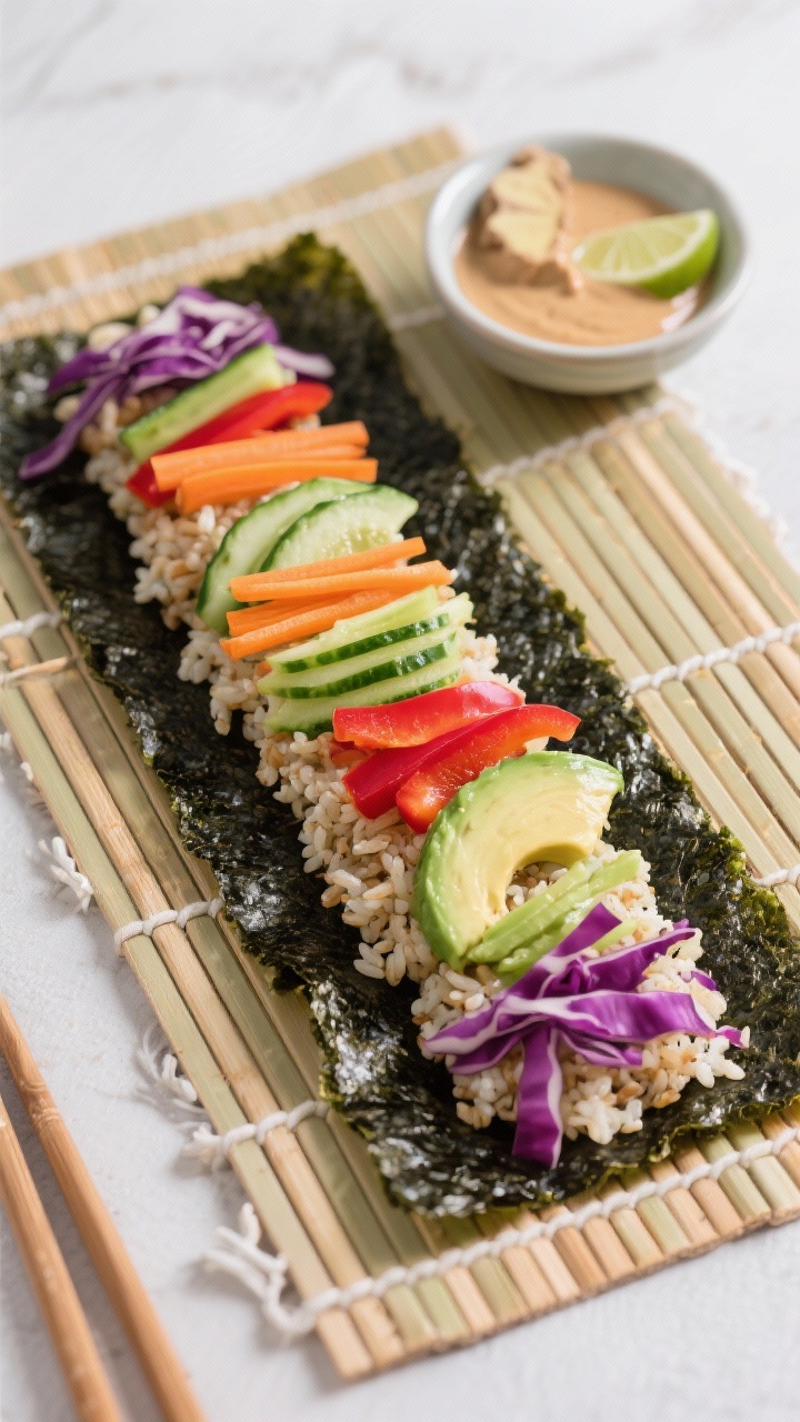 Straight-on assembly shot of rainbow veggie nori wraps: nori sheets laid on a bamboo mat, a line of short-grain brown rice (or cauliflower rice) topped with avocado slices, julienned cucumber and carrot, thin red bell pepper strips, and a handful of purple cabbage; small bowl of ginger-lime tahini sauce ready for drizzling; vibrant colors contrasted against the dark nori; clean, organized mise en place, modern Asian-inspired styling.