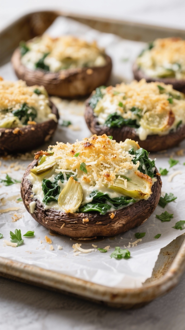 Straight-on baking sheet of spinach and artichoke stuffed portobellos: large portobello caps filled with creamy spinach-artichoke mixture (creaminess visible), topped with a golden Parmesan-breadcrumb crust; edges slightly crisped, a sprinkle of chopped parsley; sheet lined with parchment for a cozy home-cooked vibe.