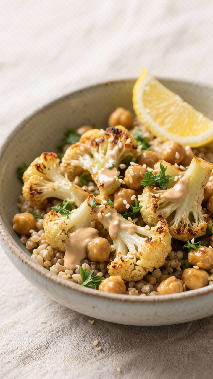 Straight-on bowl of lemon-tahini roasted cauliflower and chickpea bowls: deeply roasted cauliflower florets and crispy chickpeas on warm quinoa, drizzled with a glossy lemon-tahini sauce, sprinkled with parsley and toasted sesame; thin lemon wedges tucked in; ceramic bowl against a light linen backdrop.