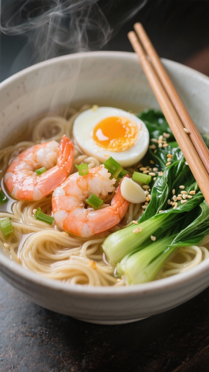 Straight-on bowl shot of garlicky shrimp and spring greens ramen: bouncy noodles in a light, aromatic broth, pink sautéed shrimp glistening with garlic, ribbons of baby bok choy and spinach, scallions and toasted sesame seeds on top; a soft-boiled jammy egg halved, chopsticks resting on the bowl; subtle steam rising, glossy surface highlights.