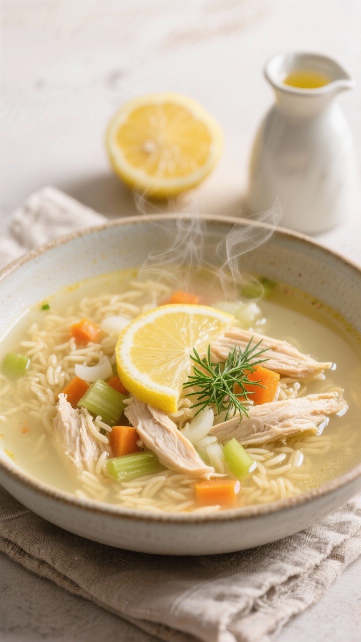 Straight-on bowl shot of Greek lemon chicken soup (avgolemono-inspired): silky pale-yellow broth with tender shredded chicken, orzo, finely chopped onion, diced carrots and celery; steam curling up, bright lemon slice and fresh dill or parsley garnish; a drizzle ripple on the surface showing velvety texture; ceramic bowl on a linen napkin, a halved lemon and a small carafe of chicken broth in the background, clean Mediterranean feel.