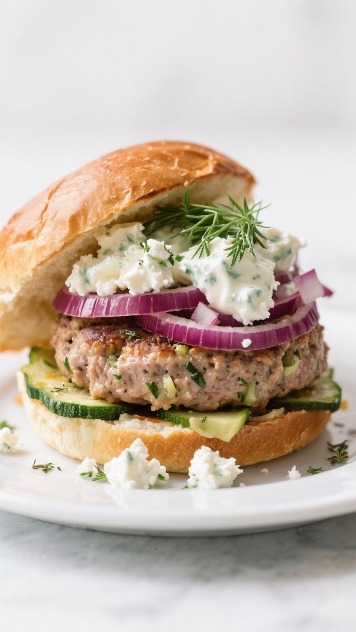 Straight-on burger stack: Greek turkey burger patty flecked with grated zucchini and dried oregano, topped with crumbled feta and dollops of tzatziki, nestled in a toasted bun with finely chopped red onion and fresh dill/parsley. Cross-section shows juicy interior; extra tzatziki and feta crumbles on the plate. Clean Mediterranean styling, cool daylight, minimal props.