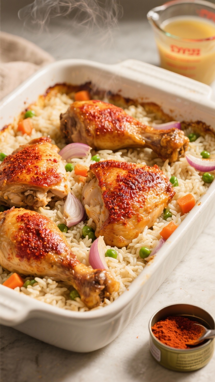 Straight-on casserole dish of smoky paprika chicken and rice bake: bone-in, skin-on chicken thighs with deep red paprika-stained, crisped skin nestled over fluffy long-grain rice. Bits of onion and garlic throughout, pockets of peas and carrots peeking through the rice. A measuring cup of chicken broth and a tin of smoked paprika off to the side. Golden, cozy lighting, slight steam, highlighting the set-and-forget comfort.