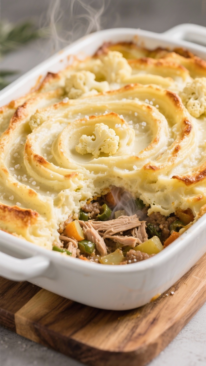 Straight-on casserole reveal of turkey shepherd’s pie with cauliflower-potato mash: a golden, swirled mash topping of russet potatoes and cauliflower whipped with olive oil and a splash of milk, sprinkled with kosher salt, broiled to lightly browned peaks; slice removed to show veggie-packed turkey filling beneath, steam rising, served in a white baking dish on a wooden board.