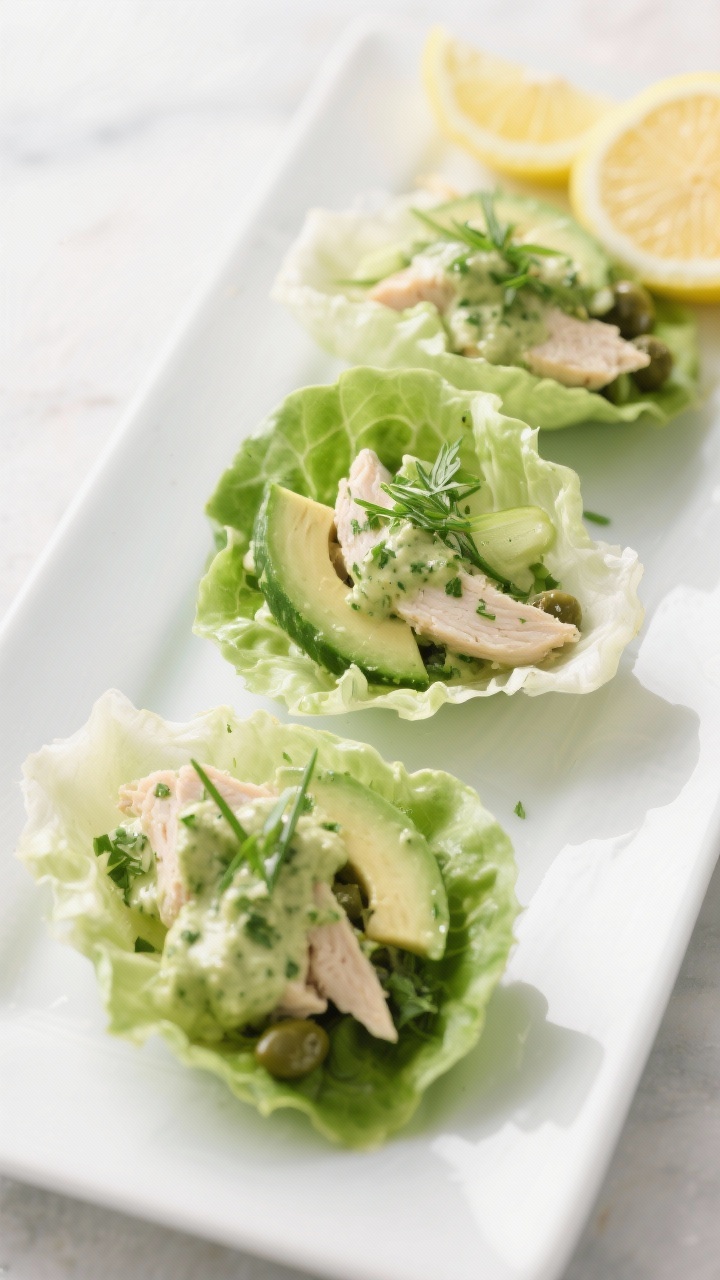 Straight-on, clean composition: green goddess chicken salad lettuce wraps—butter lettuce cups filled with herby green goddess-dressed chicken, flecks of chives, tarragon, parsley, and capers visible; thin cucumber and avocado slices tucked in, extra dressing drizzled lightly, lemon wedges in background; crisp, fresh, minimal styling on a white platter.