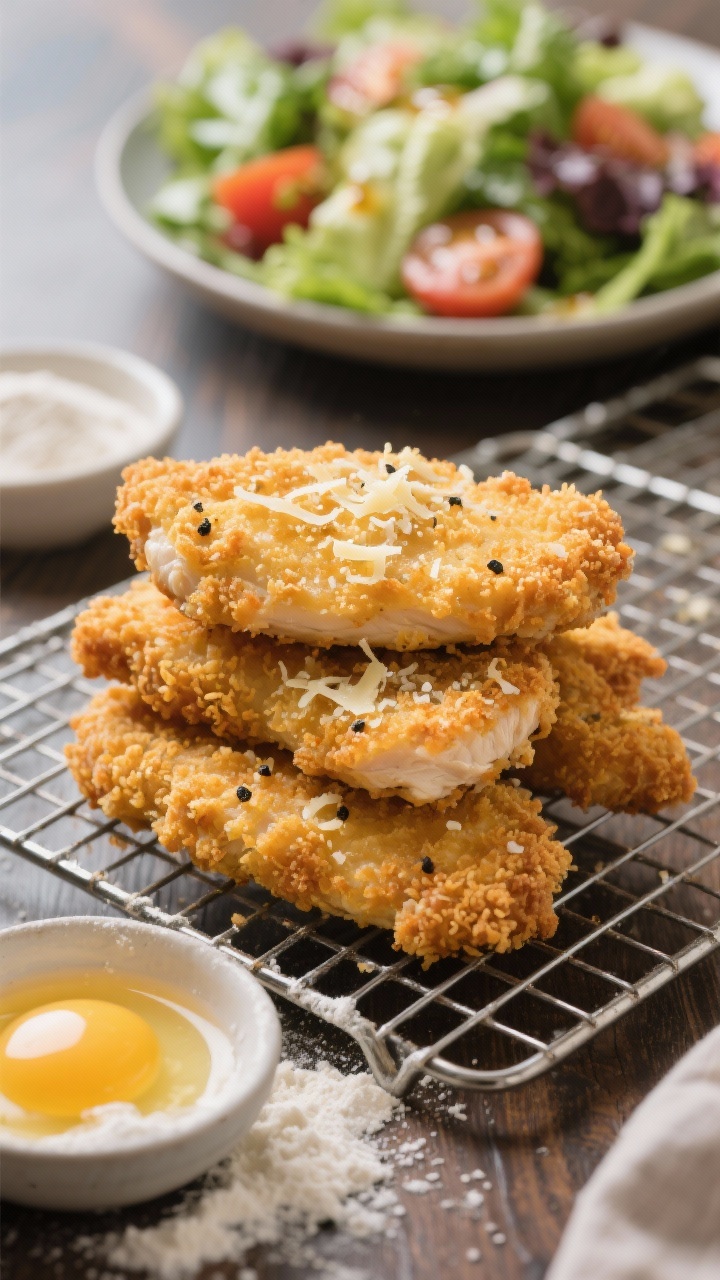 Straight-on close-up of crispy air fryer chicken cutlets stacked on a wire rack: golden, extra-crunchy panko crust with grated Parmesan embedded, well-seasoned with kosher salt and black pepper; a side bowl of beaten eggs, a dusting of all-purpose flour on the table, and a large salad in the background blur (greens, tomatoes, vinaigrette) to nod to “big salad energy”; crisp highlights on the crumb for maximum crunch appeal.