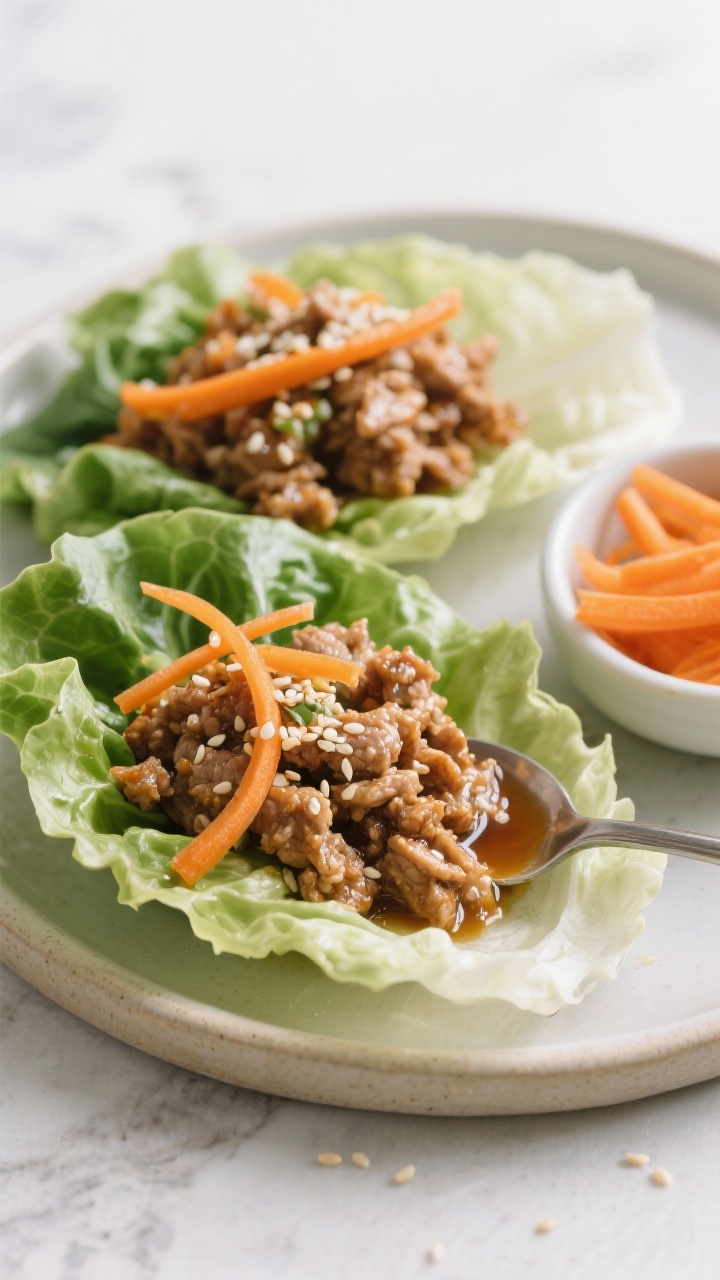 Straight-on composition of sesame ginger turkey lettuce cups: savory ground turkey glossy with sesame oil, ginger, garlic, soy, rice vinegar, and a hint of hoisin, spooned into crisp lettuce leaves. Topped with quick-pickled carrot ribbons and sesame seeds, small bowl of pickled carrots to the side.
