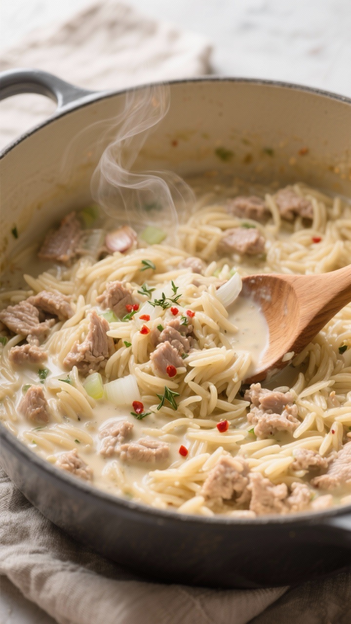 Straight-on one-pot creamy turkey orzo in a wide Dutch oven: tender orzo swirled with ground turkey, finely chopped onion, minced garlic, dried Italian seasoning, a hint of crushed red pepper flakes, and kosher salt. The sauce looks silky and comforting, with a wooden spoon creating a creamy trail; steam curls, neutral linen nearby, cozy “hug-in-a-bowl” mood.
