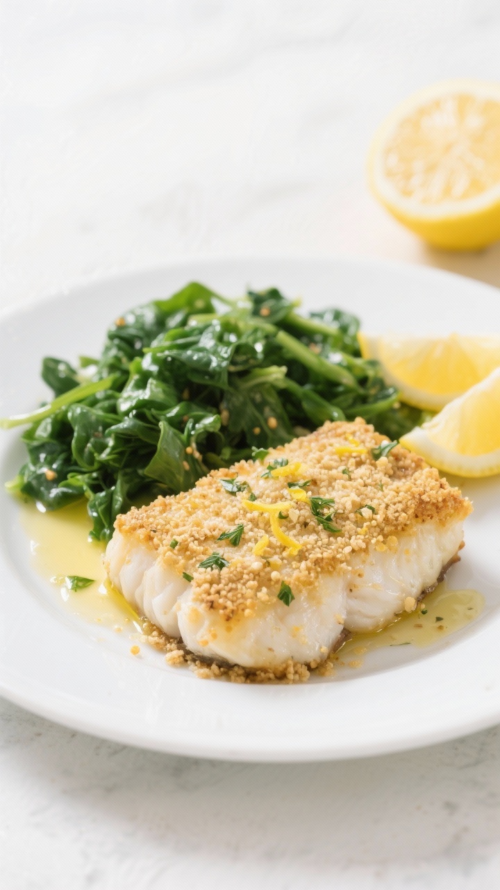 Straight-on plated baked cod: flaky cod fillets topped with golden herbed whole-wheat/panko breadcrumbs, Dijon and lemon zest peeking beneath; side of simply dressed lemony greens piled high, a light drizzle of olive oil catching highlights; minimal, bright setup with a white plate and lemon halves in frame.