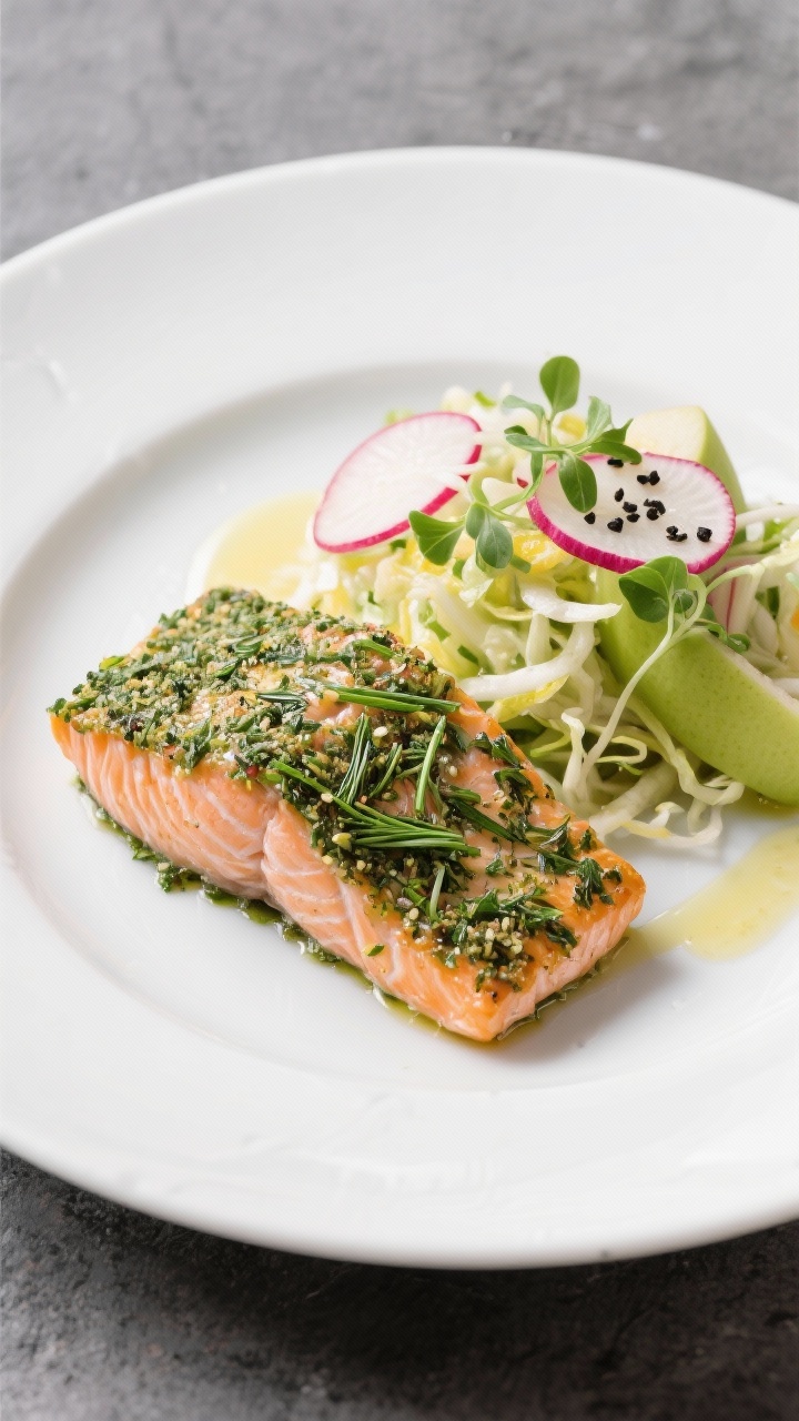 Straight-on plated presentation of herb-crusted salmon with radish-apple slaw: a fillet of salmon with a crisp green herb crust (dill, parsley, chives) flaking gently, beside a crunchy slaw of thinly sliced radishes and green apple, tossed with a light lemony dressing; microgreens and black pepper finish; white plate on a slate background for contrast.