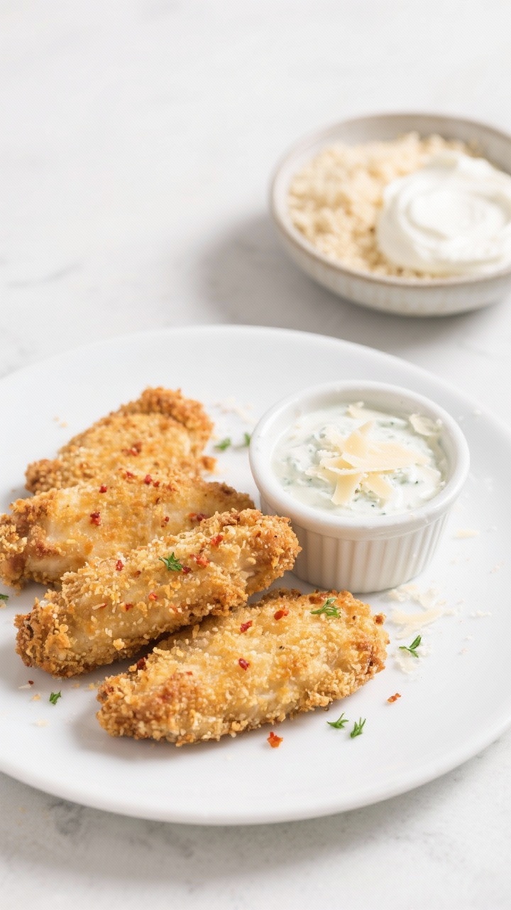 Straight-on plated shot of baked ranch Parmesan chicken tenders: ultra-crispy panko-Parmesan crust with specks of paprika and ranch seasoning visible. Served on a white plate with a ramekin of creamy ranch dip, a sprinkle of grated Parmesan, and a few herb flecks. In the background, a shallow bowl showing the breading setup: Greek yogurt/mayo coating, panko-Parmesan mix. Clean, bright lighting to emphasize crunch and golden crumb.