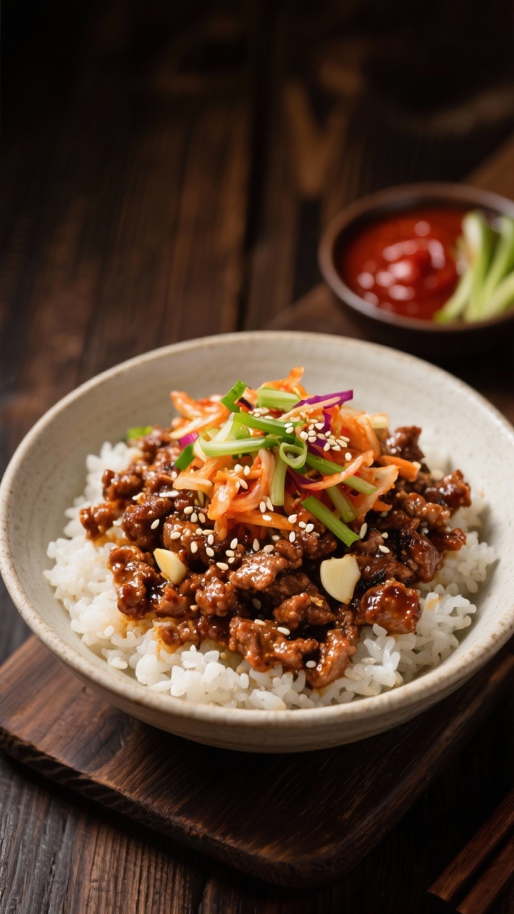 Straight-on presentation of Korean-inspired Bulgogi Ground Turkey Bowl: glossy, caramelized ground turkey cooked with sesame oil, garlic, ginger, soy, and a touch of brown sugar over steamed rice, topped with a colorful kimchi slaw and sesame seeds. Include a small dish of gochujang and sliced scallions; warm, street-food vibe with dark wood backdrop and focused rim light.
