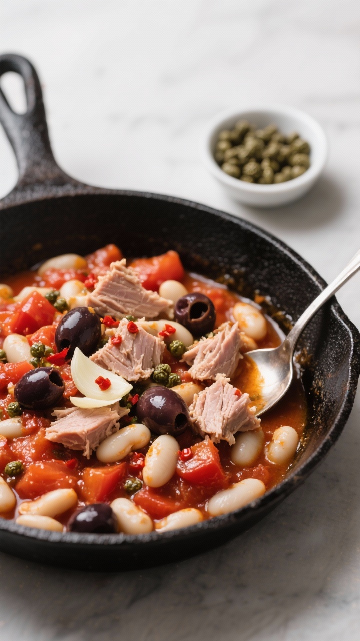 Straight-on rustic skillet of White Bean and Tuna Puttanesca: chunky diced tomatoes simmered with tomato paste, thinly sliced garlic, red pepper flakes, briny Kalamata olives halves and capers, folded with white beans and flaked tuna; saucy, glossy finish with visible olive pieces; served in a black skillet with a spoon and a small bowl of capers nearby.