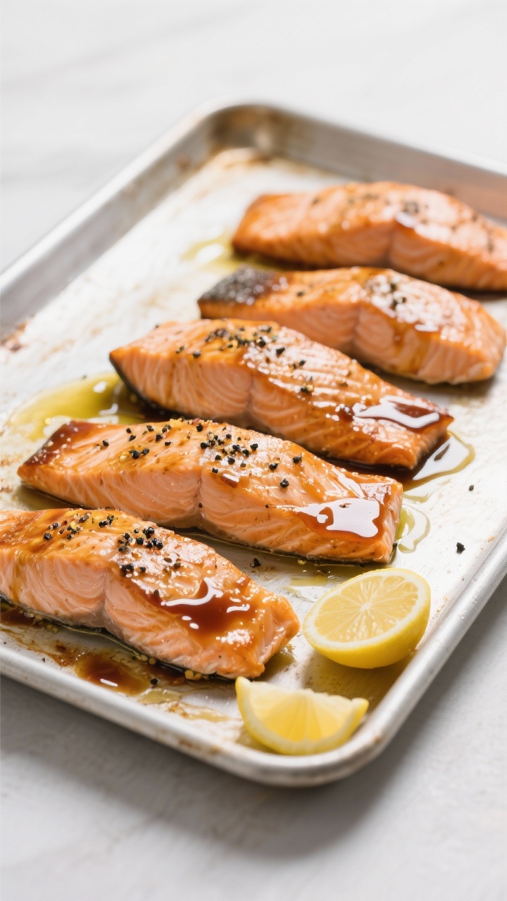 Straight-on sheet-pan baked salmon: four fillets lacquered with a maple–Dijon–soy glaze, edges slightly caramelized, coarse black pepper on top, tiny brush strokes visible, a thin sheen of olive oil on the pan, lemon wedges off to the side, flaky texture just starting to separate at the seams, clean minimal styling.