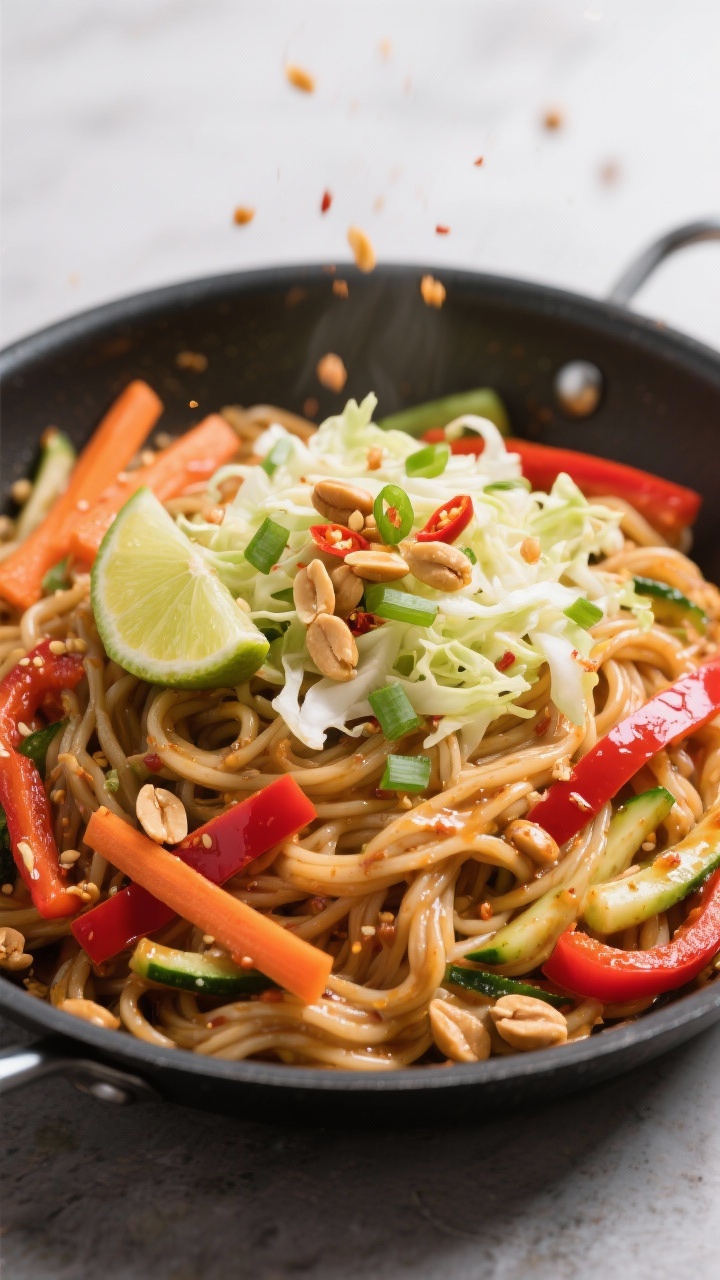 Straight-on, vibrant noodle toss close-up: spicy peanut vegetable noodle skillet with rice noodles coated in a creamy peanut sauce, tangled with matchstick carrots, thin red bell pepper strips, and julienned zucchini. Crunchy shredded cabbage piled on top for texture, scattered chopped peanuts and scallions, a lime wedge and drizzle of chili oil on the rim of the pan. Bold colors, glossy noodles, street-food energy, no people.