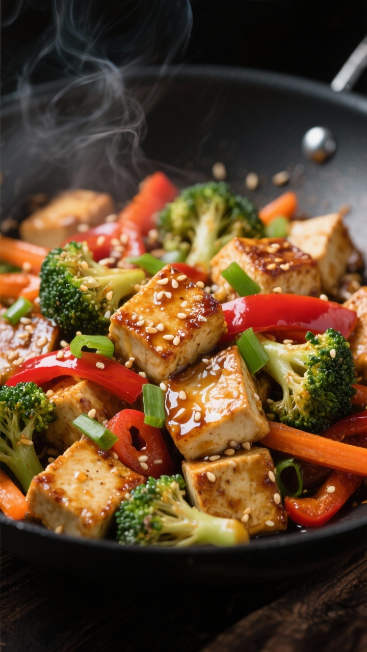 Tight close-up stir-fry shot of ginger-soy sesame tofu with caramelized edges: extra-firm tofu cubes lightly coated in cornstarch, seared to a deep golden crust, tossed with broccoli florets, red bell pepper strips, thin carrot matchsticks, and sliced green onions. Glossy ginger-soy sesame glaze clinging to every piece, toasted sesame seeds sprinkled over. Shot in a black carbon-steel wok with a few wisps of steam, rich contrast and punchy color saturation.