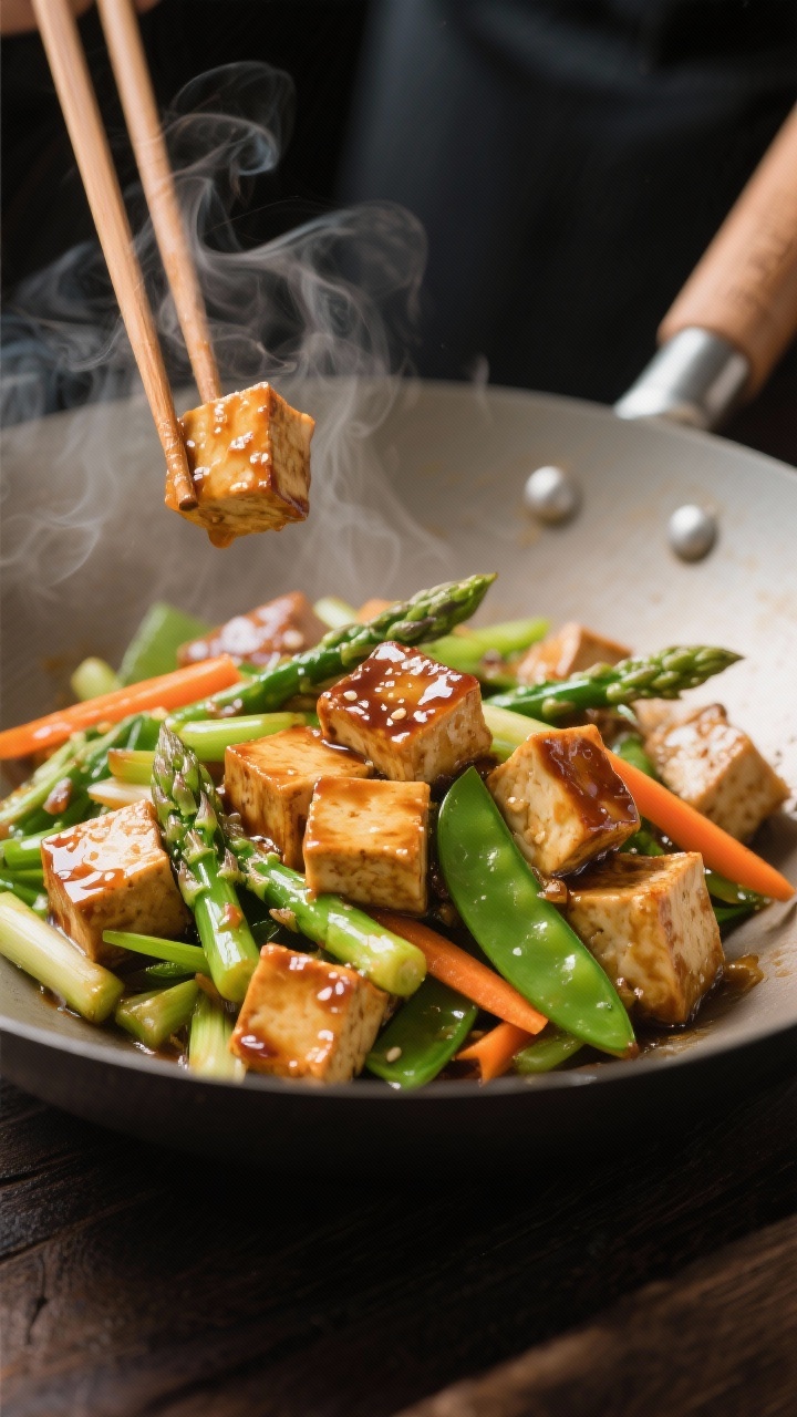 Wok action shot, 45-degree angle: miso-maple glazed tofu cubes, crisped from a cornstarch toss, glossy and caramelized, tossed with spring veg stir-fry of sliced asparagus, snap peas, matchsticked carrot, and scallions. Steam rising, chopsticks resting on the rim, neutral oil sheen, bright and fresh.