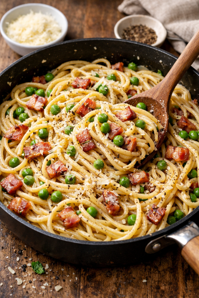 photo of Spaghetti Carbonara With Peas in a pan