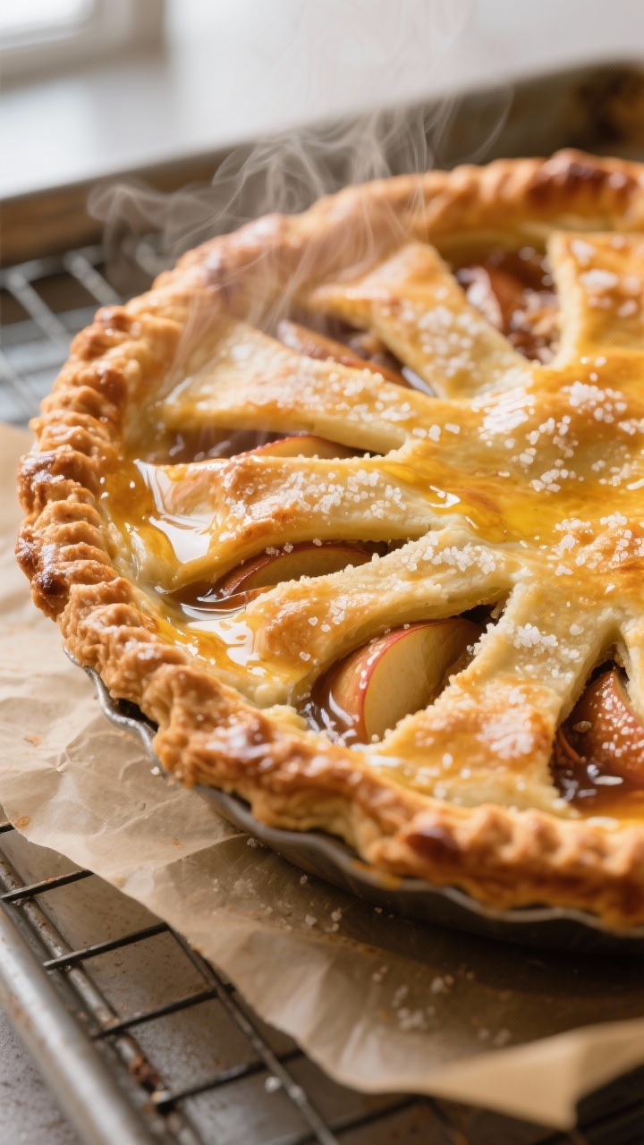 Close-up detail: A freshly baked apple pie just out of the oven with a deep golden, glossy top crust