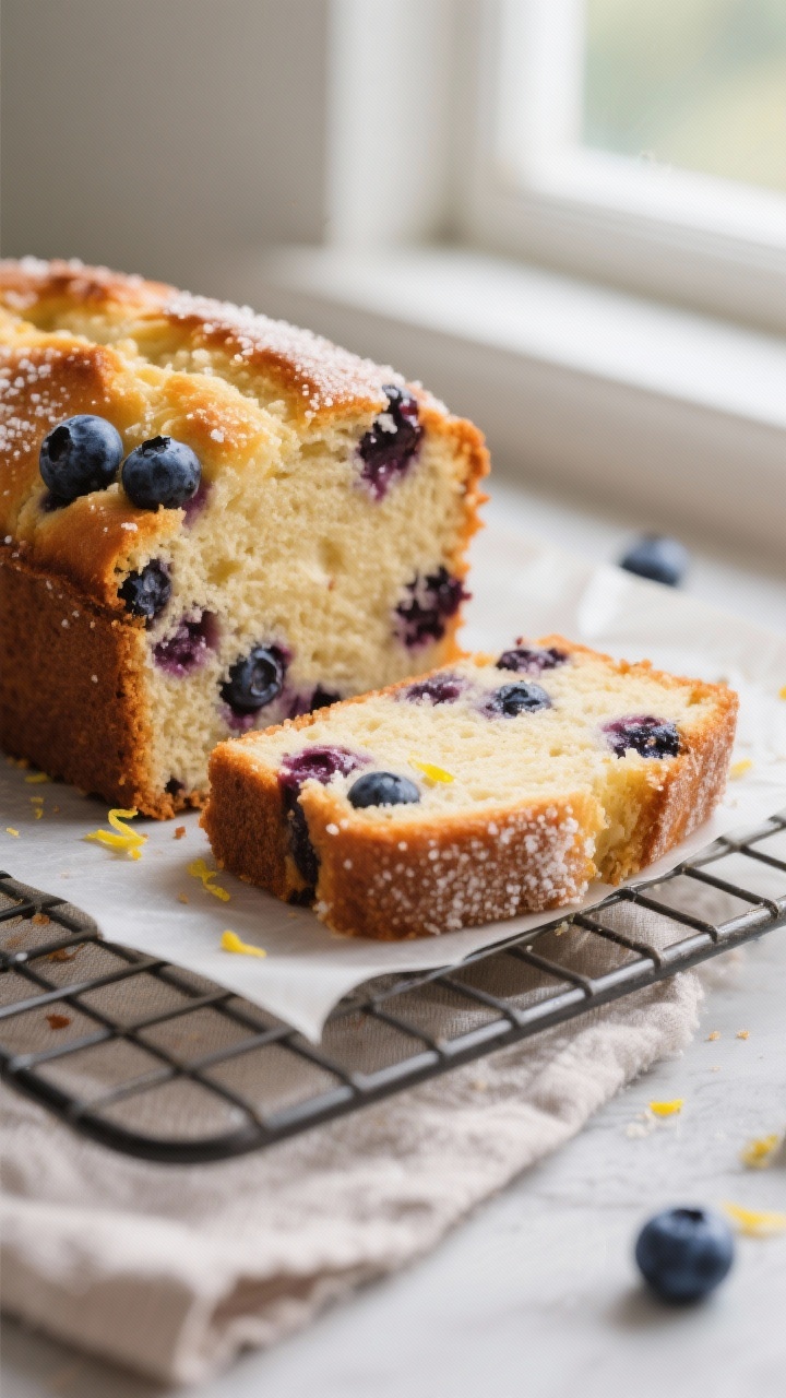 Close-up detail: A freshly baked blueberry cream cheese loaf just out of the pan, golden-brown crust