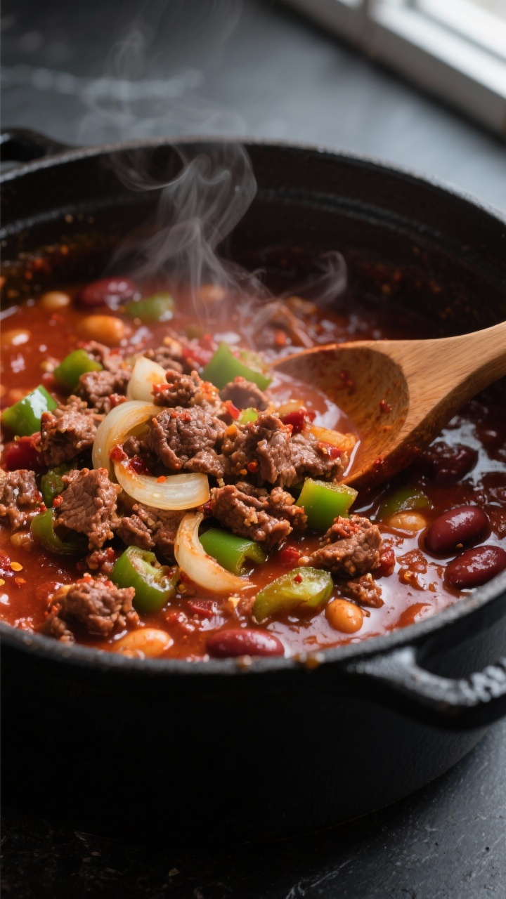 Close-up detail: A simmering pot of beef chili mid-cook, showing glossy, thickened sauce with visibl