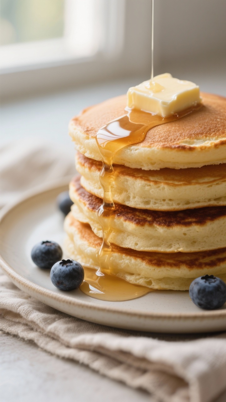 Close-up detail: A stack of fluffy buttermilk pancakes just off the griddle, showing golden-brown su