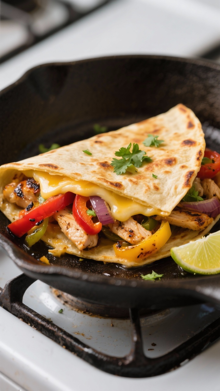 Close-up detail: Golden, pan-toasted fajita-style chicken quesadilla folded in half in a skillet, ed