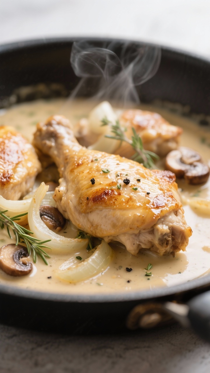 Close-up detail: Golden-seared chicken thighs nestled in a velvety cream sauce with sautéed onions 