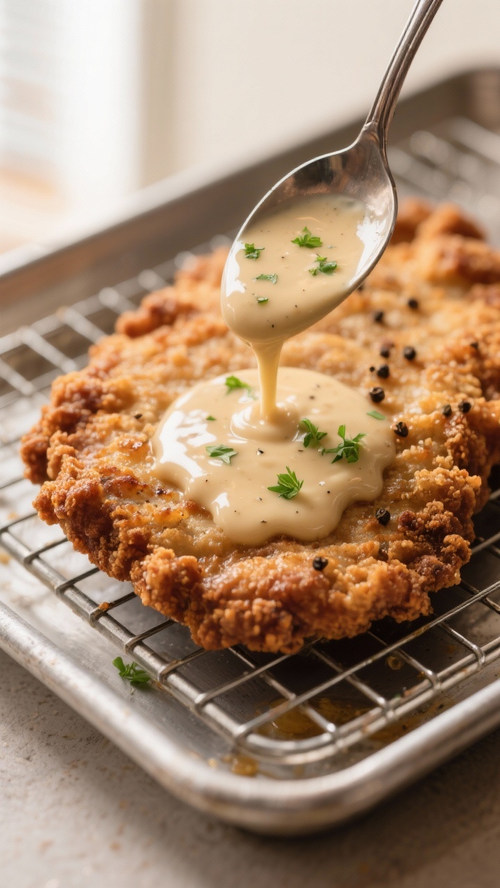 Close-up detail, gravy pour: Extreme close-up of a crispy country fried steak on a wire rack over a