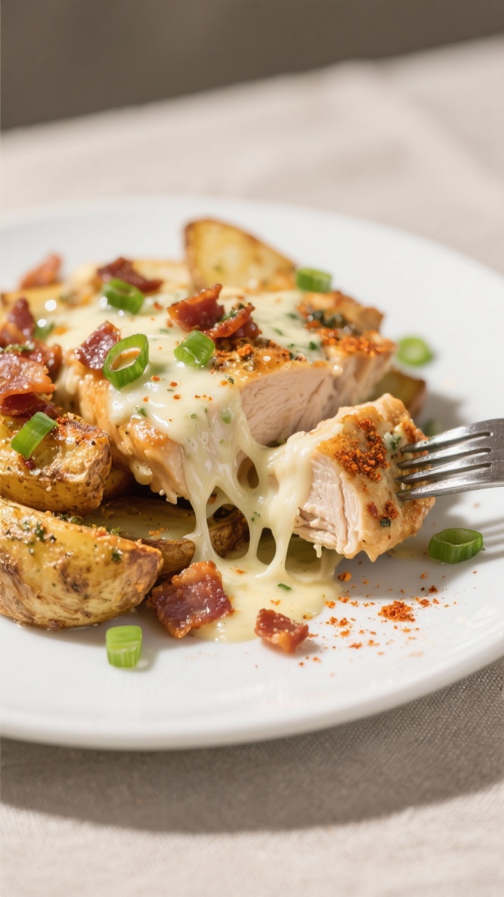 Close-up detail of a plated serving: fork-tender chicken and crispy-edged potatoes coated in ranch s