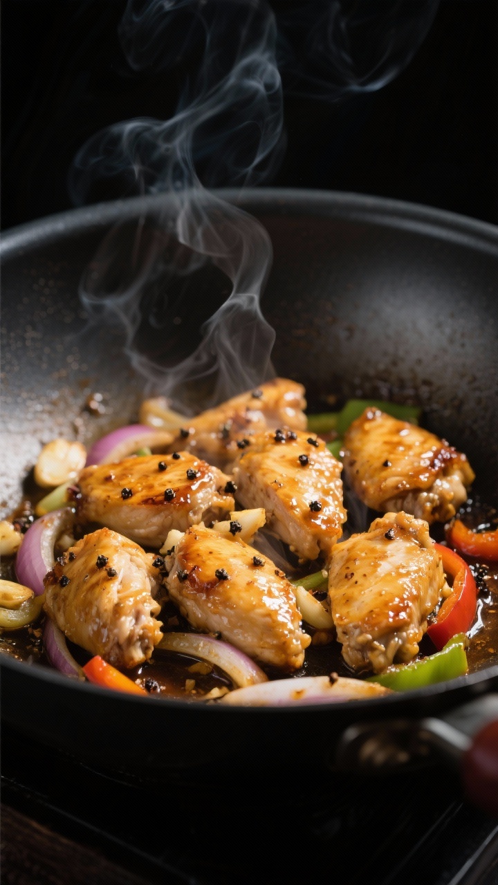 Close-up detail: Searing black pepper chicken in a wok, golden-brown edges on bite-size thigh pieces