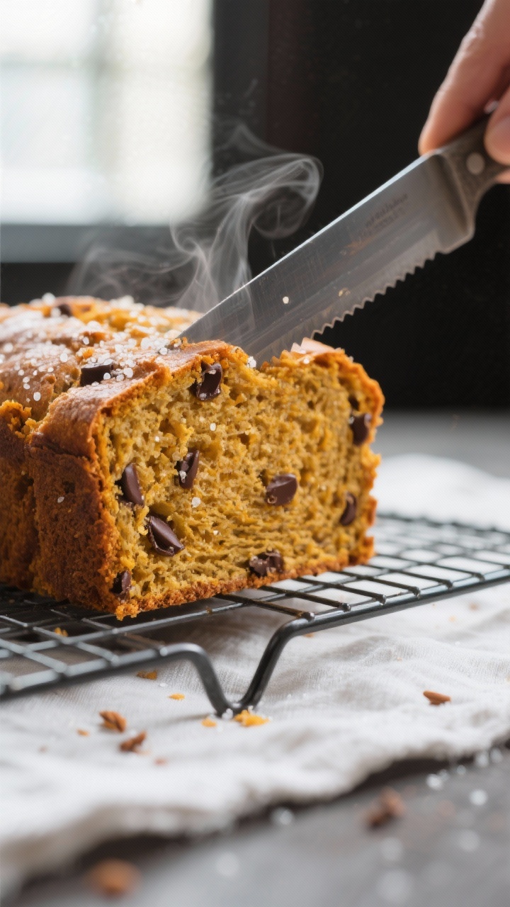 Close-up detail shot: A freshly baked pumpkin bread slice being cut with a serrated knife on a wire 